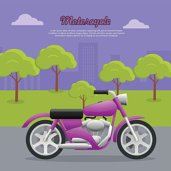 现代,紫色,摩托车,途中,大城市,运输,旅行,两轮车,燃料,经济,便捷,卑劣,绿色,树,高,建筑,矢量
