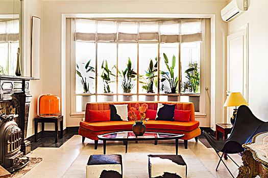 复古风格,休息区,弯曲,橙色,沙发,凳子,蝴蝶,椅子,老式,壁炉,一个