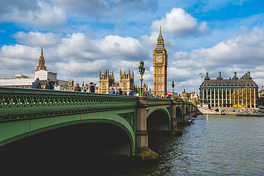 大本钟,威斯敏斯特桥,议会大厦,泰晤士河,伦敦,英格兰,英国