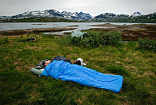 挪威,男人,睡觉,户外,睡袋