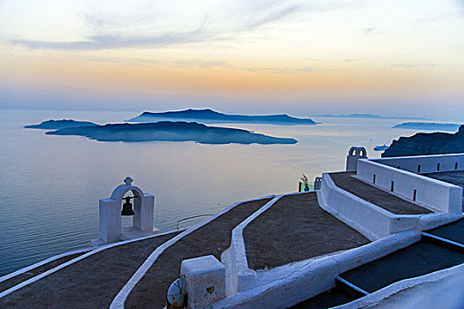 风景,夜光,雾气,日落,锡拉岛,基克拉迪群岛,爱琴海,希腊,欧洲