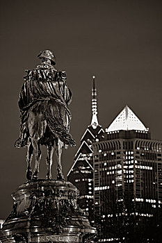 乔治-华盛顿,雕塑,费城,城市,建筑,夜晚