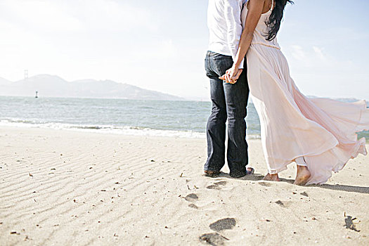 颈部,俯视图,浪漫,情侣,牵手,海滩