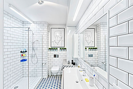 白色,现代,浴室,砖瓦,墙壁,地面,细条,光亮,上方,盥洗盆,光滑,淋浴,艺术品,高处,卫生间