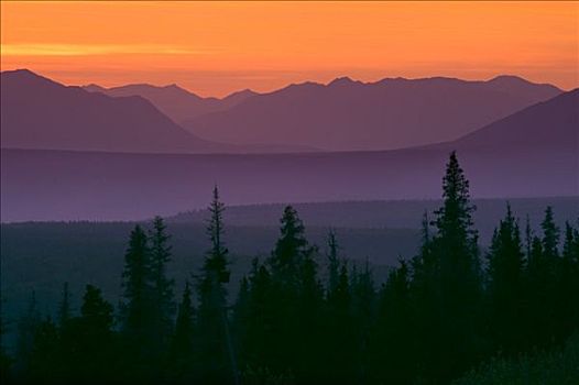 日落,上方,克卢恩,山峦,靠近,不列颠哥伦比亚省,加拿大,夏天