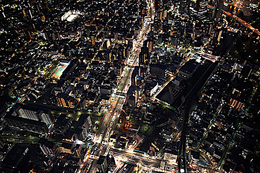 俯拍,城市,公路,夜晚,东京,日本