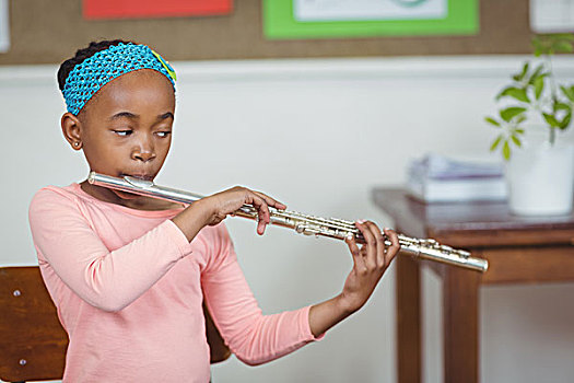 可爱,学生,演奏,笛子,教室,学校