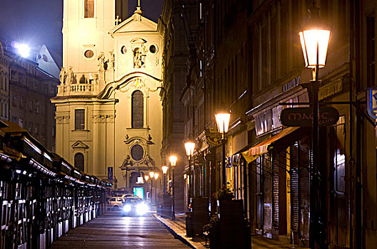 布拉格,捷克共和国,教堂,街道,夜晚
