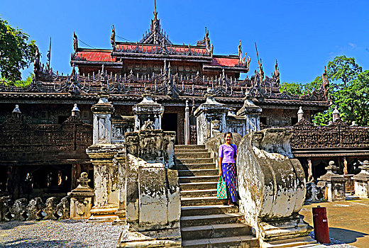 柚木,寺院,皇家,城市,曼德勒,缅甸