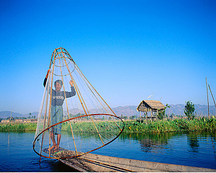 钓鱼,男人,茵莱湖,缅甸