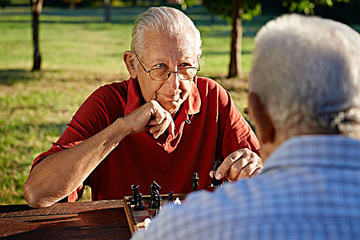 动作,退休,人,两个,老人,玩,下棋,公园