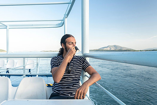 男人,喝咖啡,渡轮,科孚岛,希腊