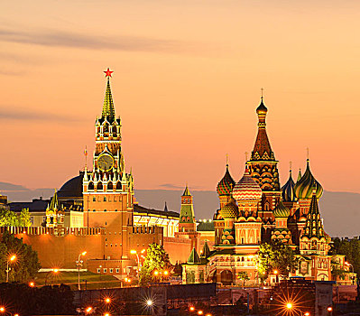克里姆林宫,塔,圣徒,罗勒,大教堂,夜晚,莫斯科,俄罗斯