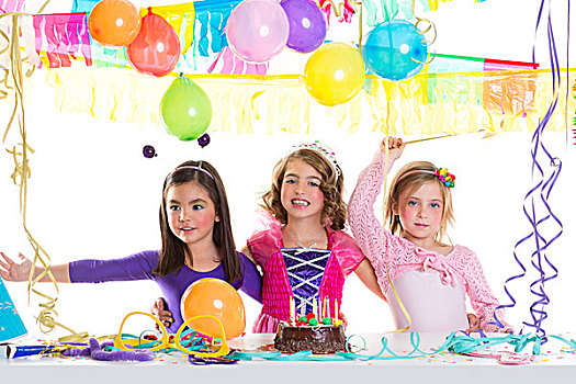 孩子,生日快乐,聚会,女孩,群体,气球,巧克力蛋糕