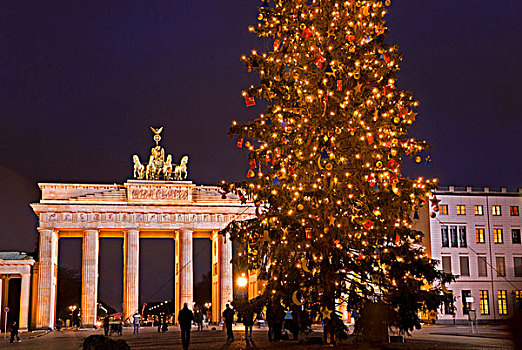 勃兰登堡门,夜晚,圣诞树,柏林,德国,欧洲