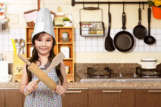 高兴,亚洲人,小女孩,厨师帽,拿着,烹调,器具