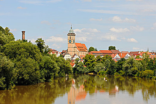 城市教堂,教堂,内卡河,河,巴登符腾堡,德国,欧洲
