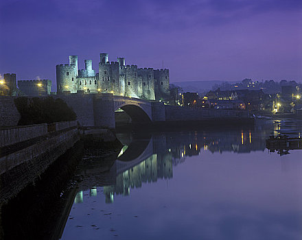威尔士,落日,上方,康威城堡