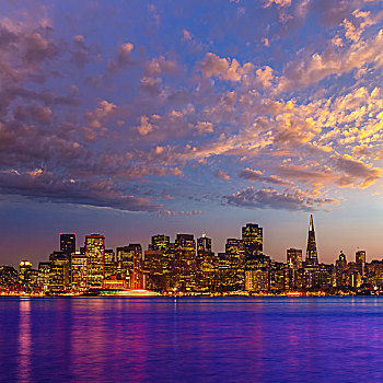 旧金山,日落,天际线,加利福尼亚,反射,湾,水,美国