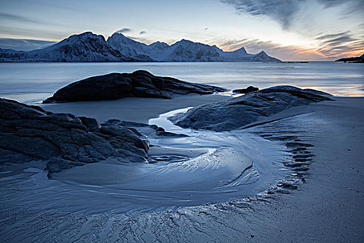 海岸线,海滩,冬天,罗弗敦群岛,挪威,欧洲