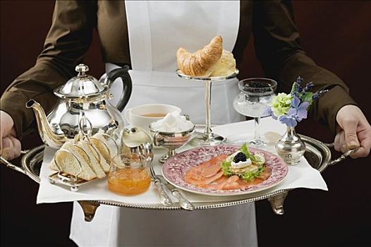 女服务员,奢华,早餐托盘