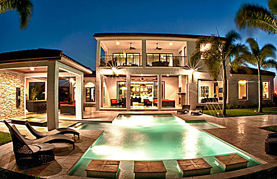 奢华,家,价值,几个,美元,游泳池,黎明,棕榈树,蓝天