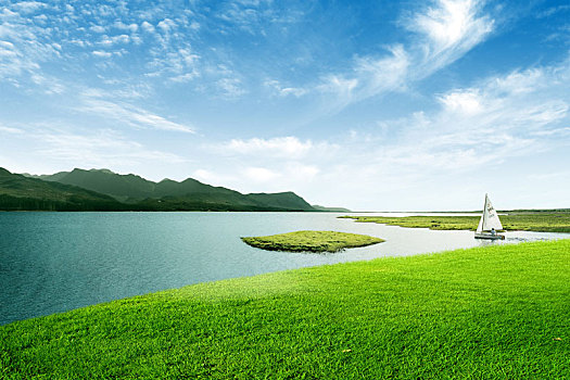 草原,草地,草坪,绿地,绿草,地面,环境,背景,汽车修图,汽车背景,湖水,天空