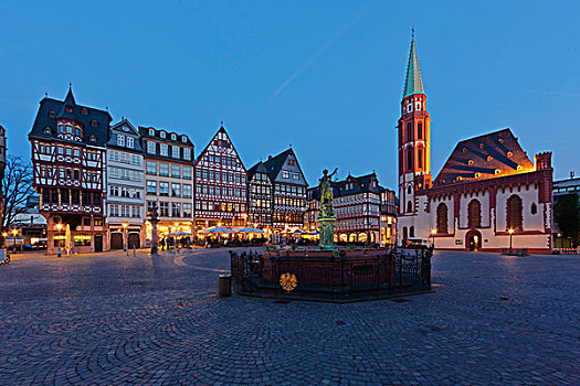 喷泉,雕塑,青铜,尼古拉教堂,教堂,建筑,法兰克福,黑森州,德国,欧洲