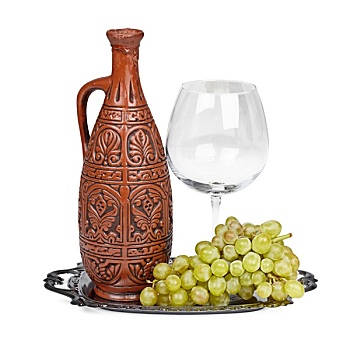 静物,陶瓷,瓶子,葡萄,玻璃杯