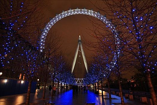 伦敦眼,千禧轮,蓝色,圣诞彩灯,伦敦,英国