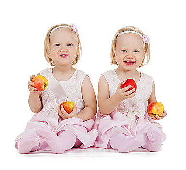 孩子,双胞胎,概念,两个,女孩,玩,苹果