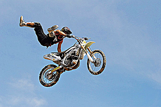 摩托车越野赛,骑乘,表演,特技,飞,空气,摩托车,蓝天背景