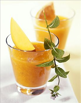 芒果,冰沙,玻璃杯,嫩枝