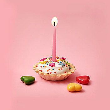 迷你,果料小馅饼,一个,生日蜡烛,粉色背景