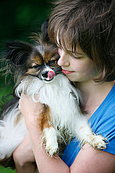 女孩,搂抱,蝴蝶犬,狗,维多利亚,温哥华岛,不列颠哥伦比亚省,加拿大