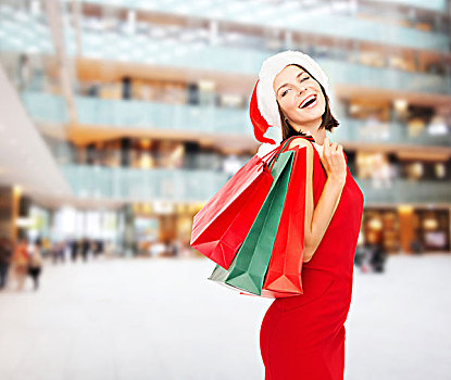 销售,礼物,圣诞节,休假,人,概念,微笑,女人,红裙,购物袋,上方,购物中心,背景