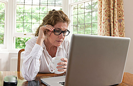 成年,女人,喝咖啡,工作,笔记本电脑,客厅