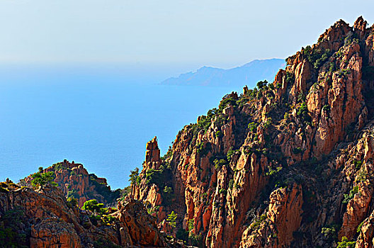 风景,上方,砂岩,悬崖,海洋,科西嘉岛,法国,欧洲