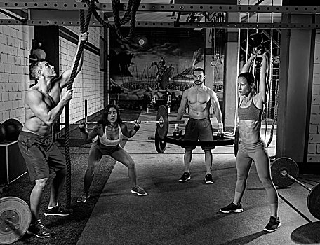 健身房,群体,举重,锻炼,男人,女孩,训练