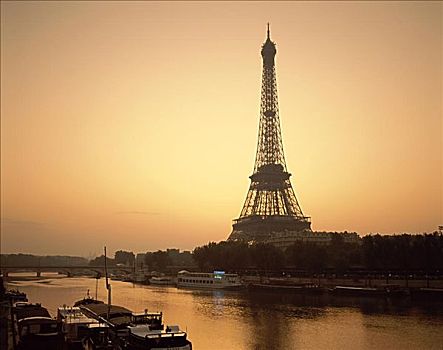 黎明,埃菲尔铁塔,塞纳河,巴黎,法国