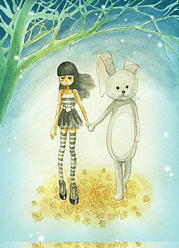 卡通插画,梦幻森林,兔子,小女孩