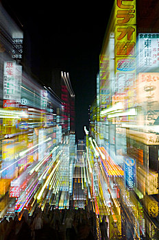 日本,东京,新宿,霓虹灯,变焦效果