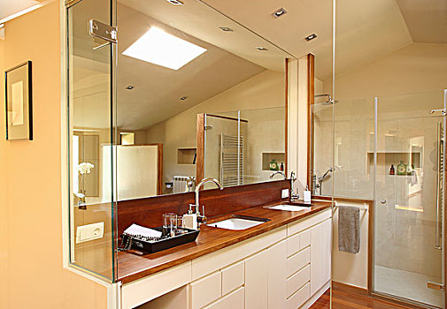 设计师,浴室,合适,盥洗盆,白色,大,镜子,玻璃,淋浴,小间
