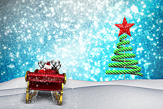 合成效果,图像,圣诞老人,飞,雪撬,圣诞树,形状,蓝色背景,微光