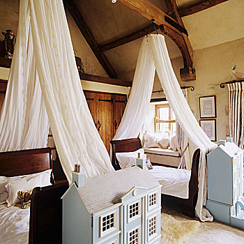 单人床,白色,篷子,建筑模型,乡村,卧室