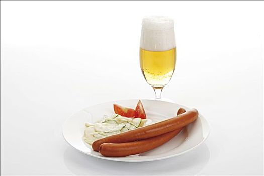 香肠,土豆沙拉,黄瓜,正面,玻璃杯,啤酒