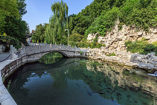 济南市珍珠泉大院小桥流水鱼游风景