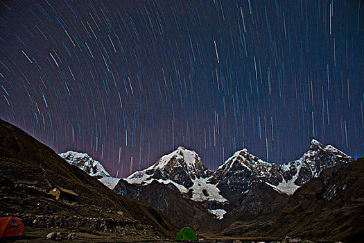 夜景,星迹,上方,雪冠,山,大,左边,右边,山脉,安第斯山,北方,秘鲁,南美