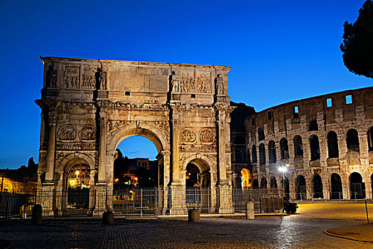 罗马角斗场,君士坦丁凯旋门,特写,夜晚,罗马,意大利