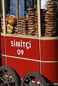 芝麻面包,环,手推车,街头摊贩,伊斯坦布尔,土耳其